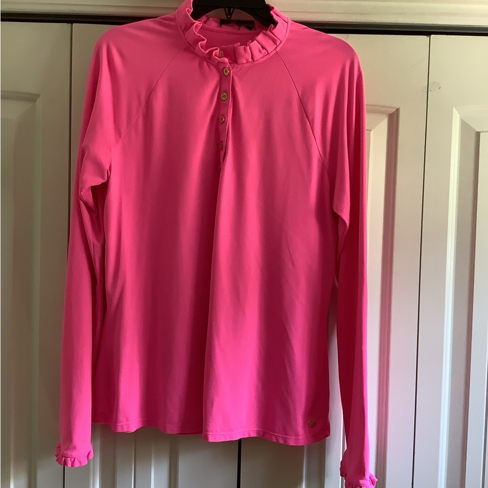 Lilly Pulitzer Ruffle Collar & at cuff, Long Sleeve, gold buttons.- Bright Pink